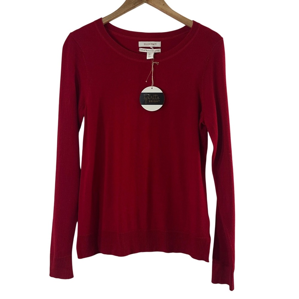 Ellen Tracy Red 100% Extra Fine Merino Wool Crew Neck Sweater NWT Large